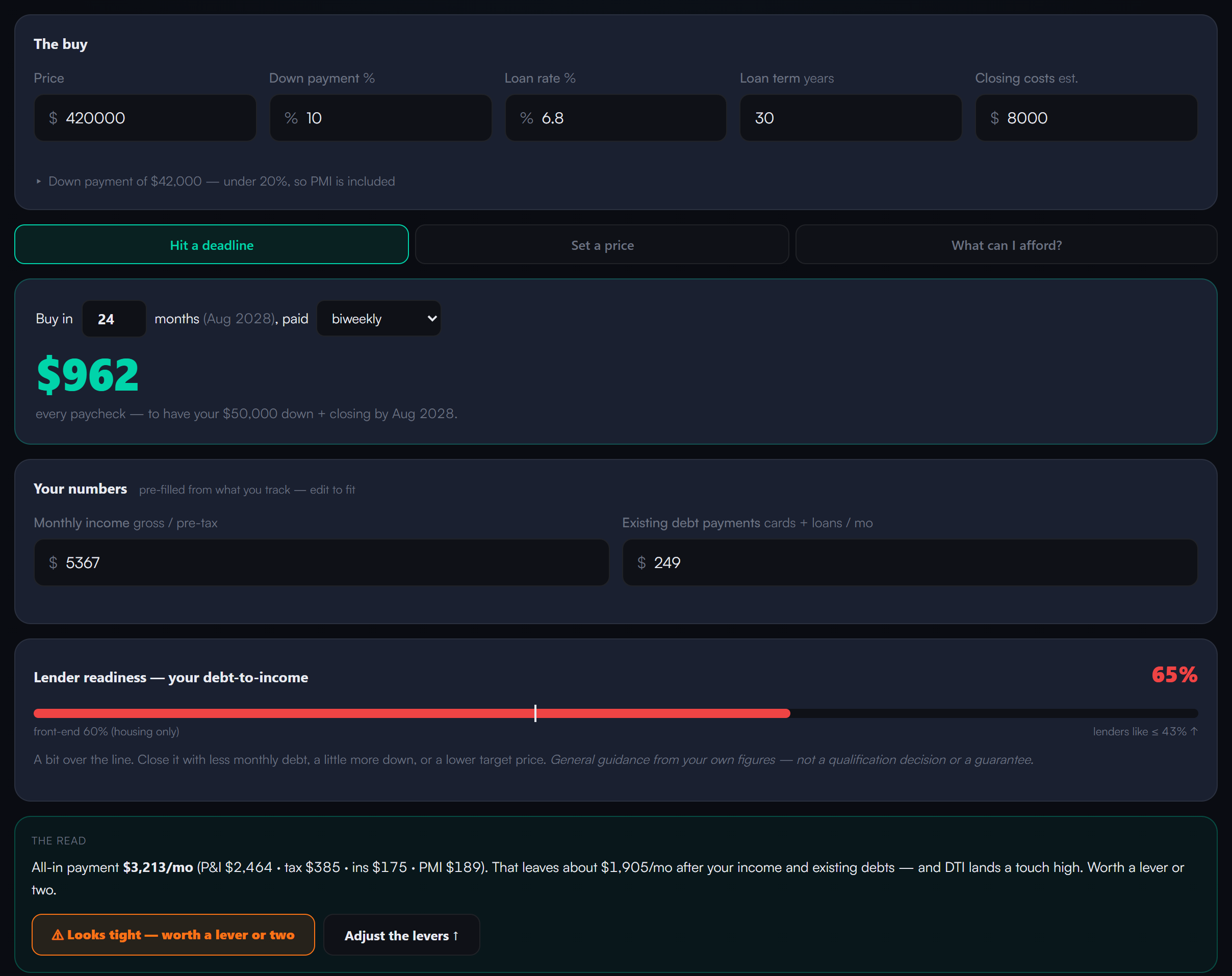 Purchase planner in dark mode